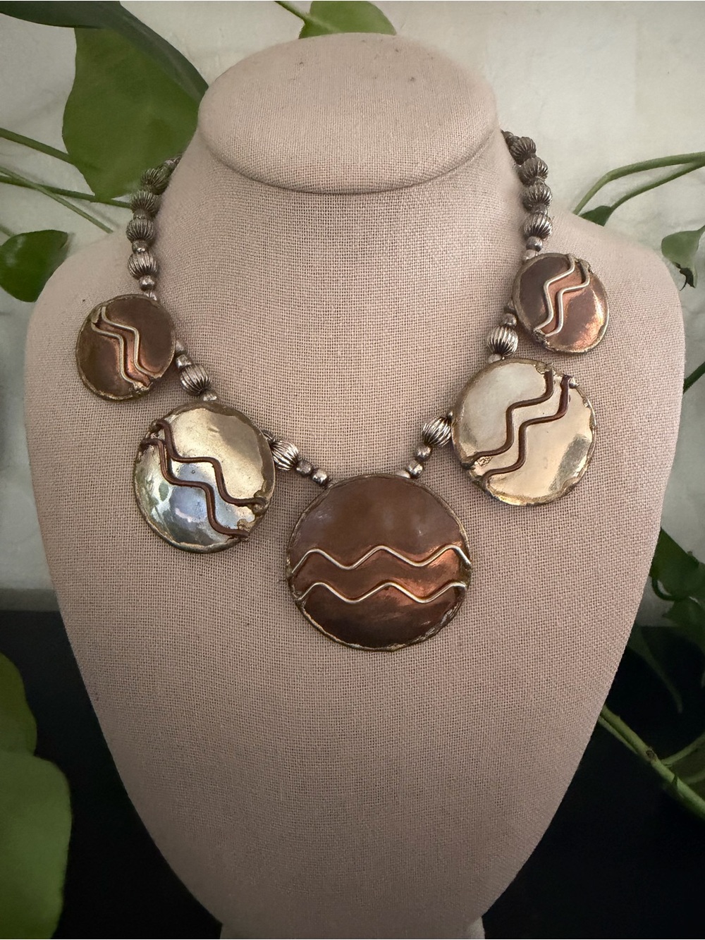 Vintage Copper & Silver Large Disc Beaded Statement Necklace